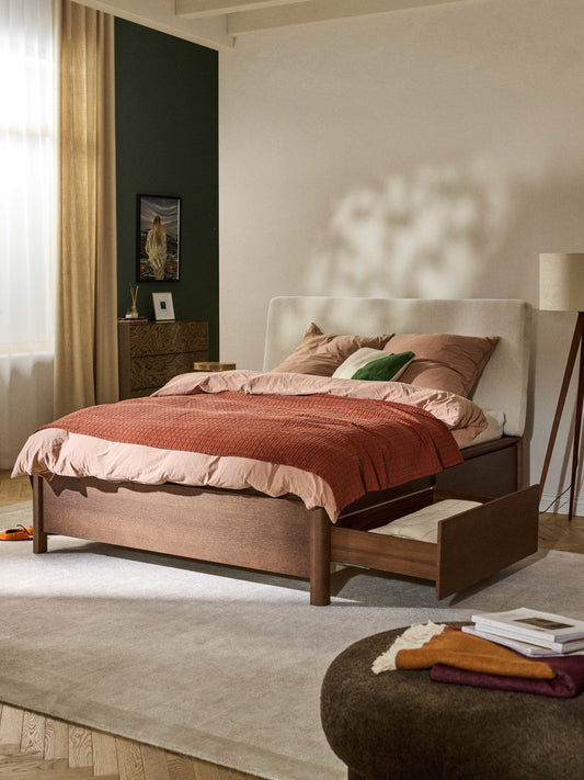 Santolli Wooden Bed with Upholstered Headboard and Drawers