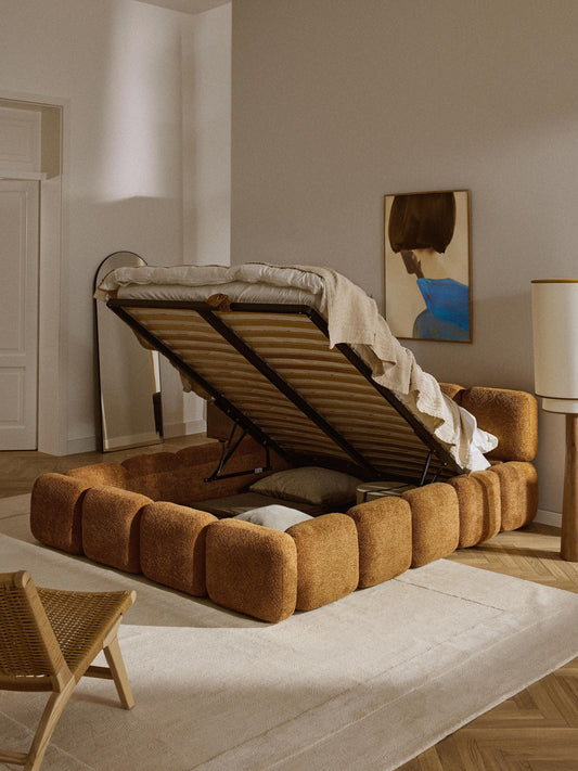 Taymonde Upholstered Bed in Teddy Bouclé with Storage