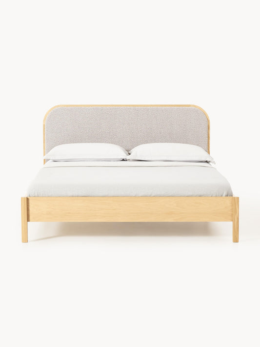 Jonsmark Wooden Bed with Bouclé Headboard