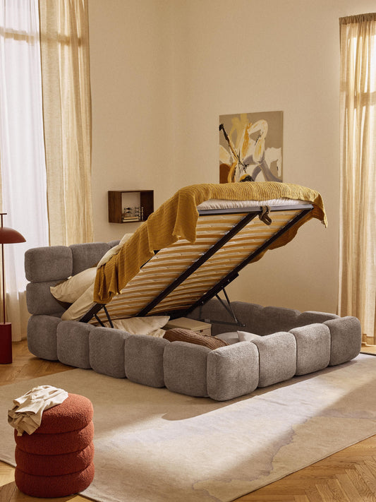 Taymonde Upholstered Bed in Teddy Bouclé with Storage