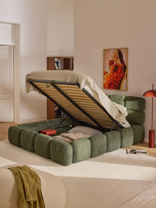 Taymonde Upholstered Bed in Teddy Bouclé with Storage